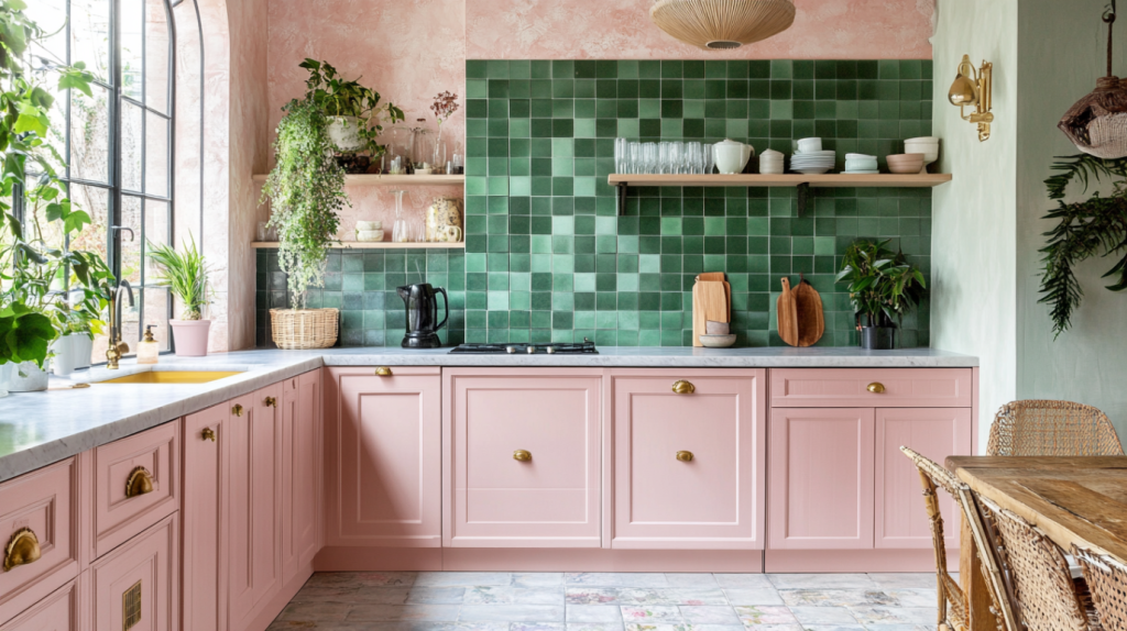 Muted pink cabinets with green square tile backsplash and open shelving