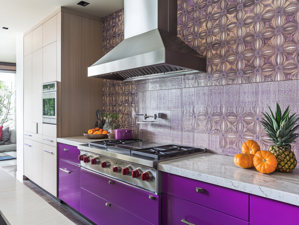 Kitchen with purple base cabinets and a textured purple tile backsplash.