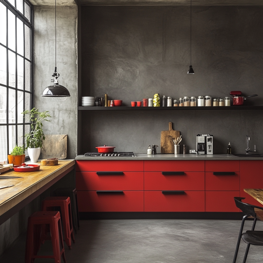 Red lower kitchen cabinets with raw concrete walls and shelves