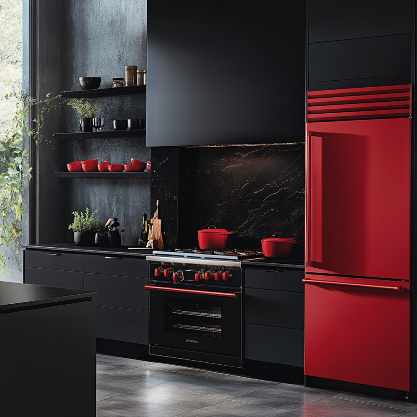 Red kitchen cabinets paired with matte black appliances and fixtures