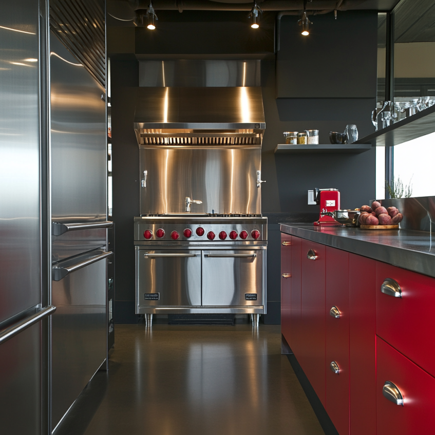 Modern red cabinets with stainless steel stove and black countertops