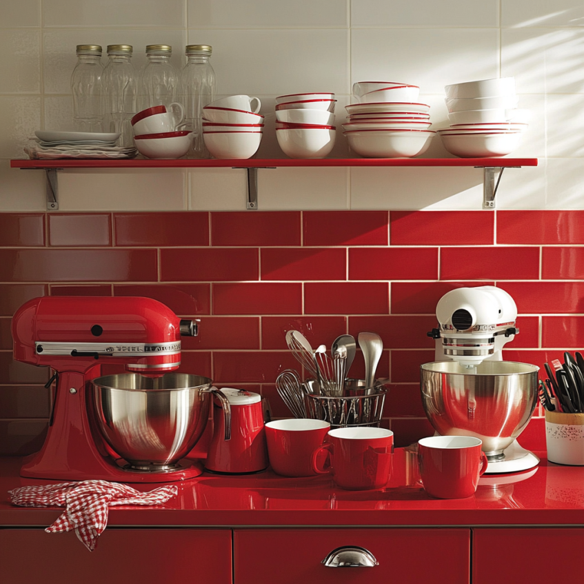 Red kitchen countertop with matching mixer, cups, and bowls in white and red