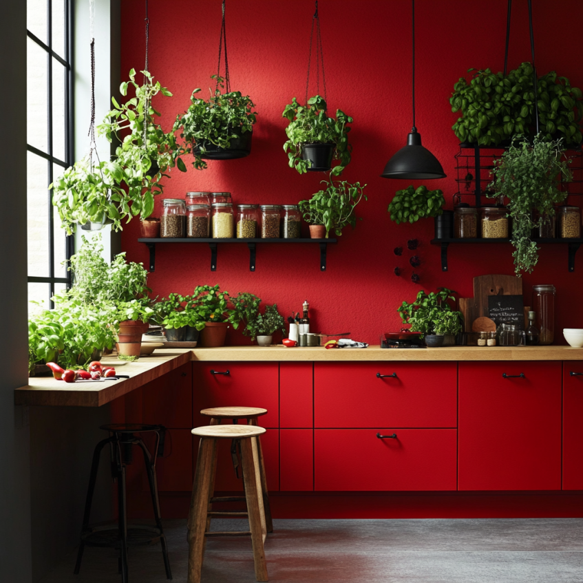 Red kitchen cabinets with hanging herb plants and wooden countertops