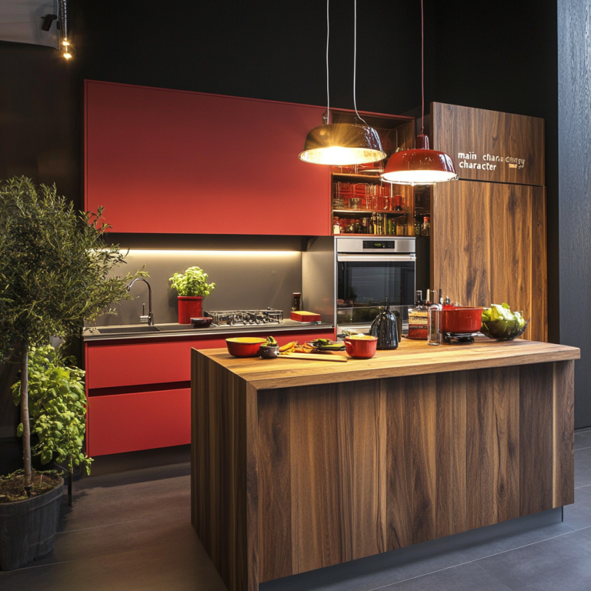 Woodgrain and red cabinetry kitchen with hanging pendant lights