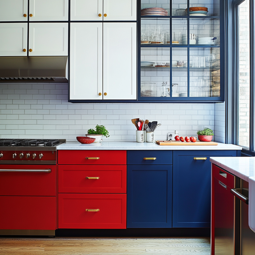 Bold red and navy blue kitchen cabinets with white uppers and brass handles