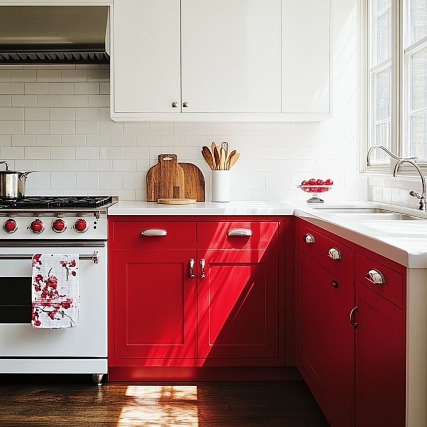 Bright red lower kitchen cabinets paired with white upper cabinets and subway tile