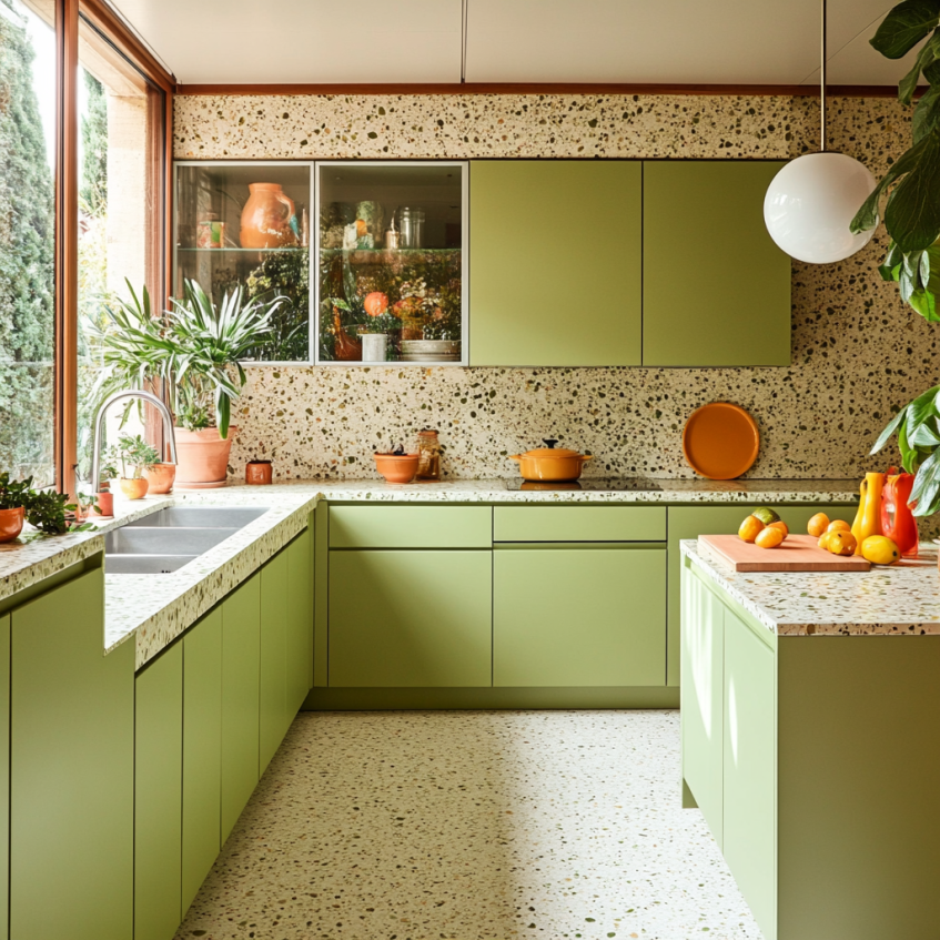 Avocado green cabinets and terrazzo surfaces in a retro-style kitchen with potted plants and glass display
