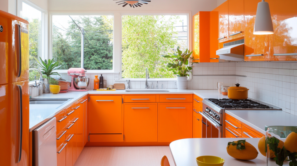 Bright retro orange kitchen with glossy cabinets, modern appliances, and natural light.