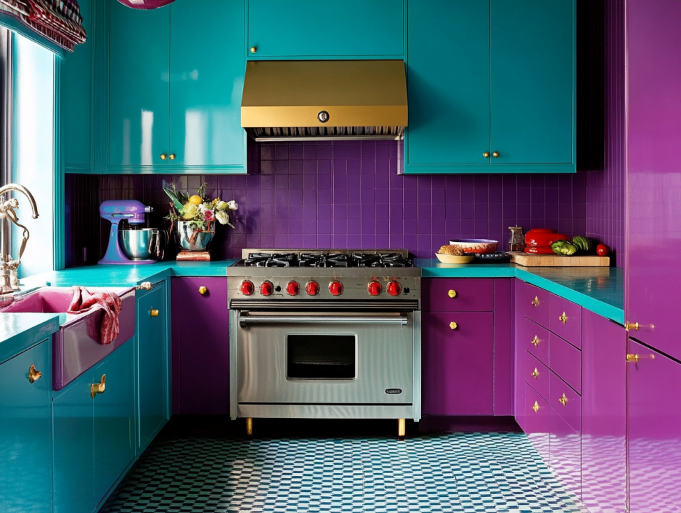 Colorful kitchen with purple lower cabinets and teal upper cabinets.