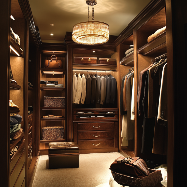 Elegant walk-in closet with rich wood cabinetry, leather accents, and chandelier lighting