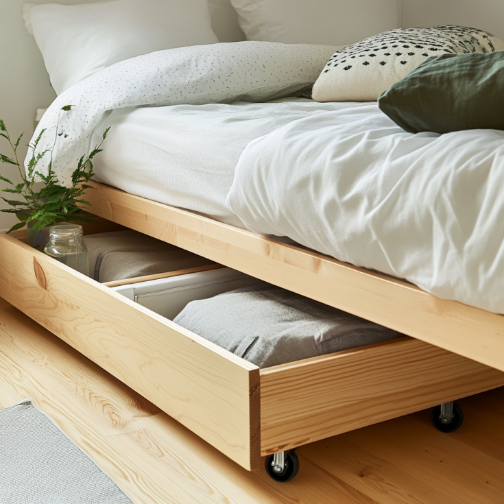 Wooden bed with pull-out drawer on wheels for extra bedroom storage