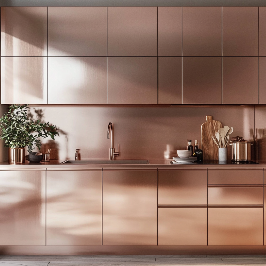 Sleek rose gold kitchen cabinets with minimalist finish and integrated hardware