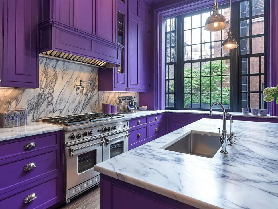 Elegant kitchen with royal purple cabinets and white marble countertops.
