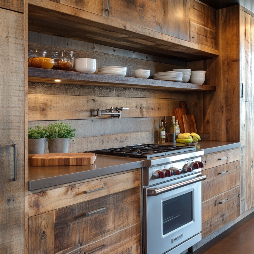 Rustic kitchen featuring reclaimed brown wood cabinets, open shelving, and stainless steel countertops