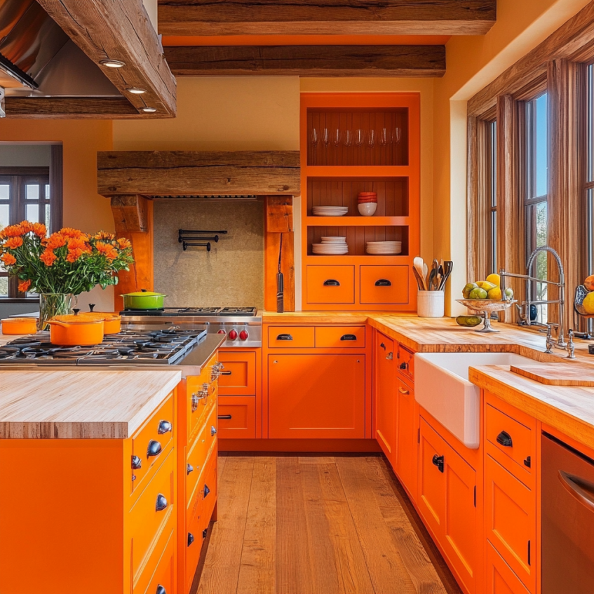 Rustic orange kitchen with wooden accents and natural light.