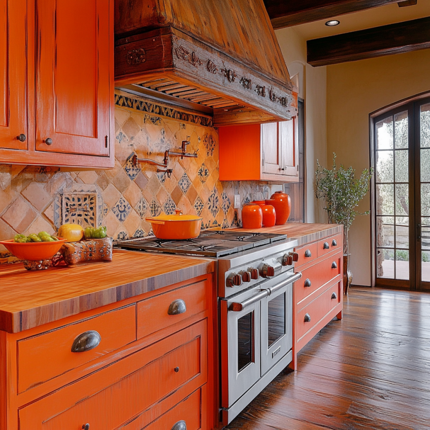 Rustic kitchen with orange cabinets and a colorful tiled backsplash.