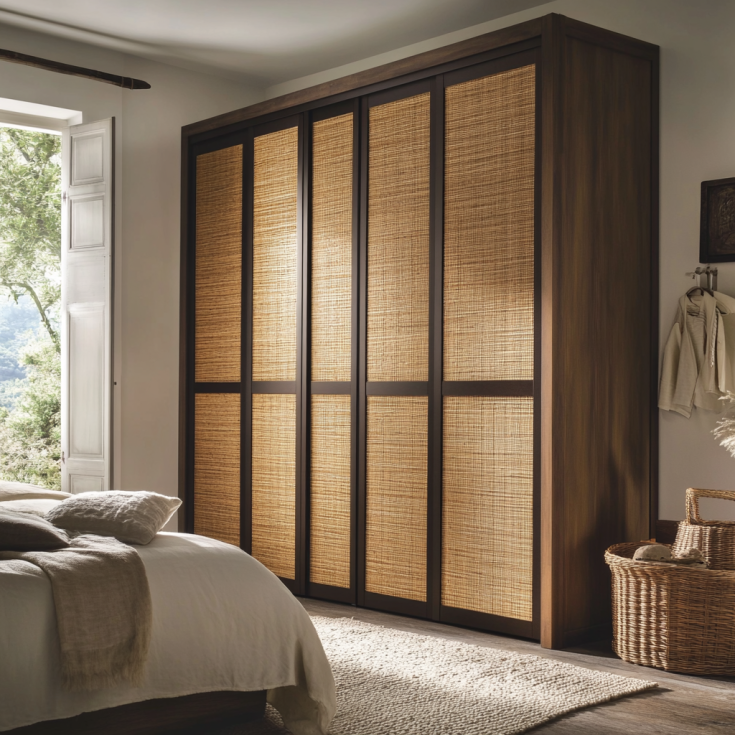 Rattan and wood sliding wardrobe doors in a rustic bedroom.