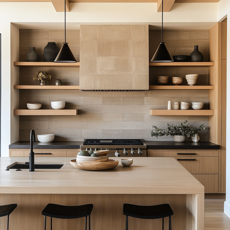 Rustic kitchen with reclaimed brown cabinets, industrial shelves, and a farmhouse sink