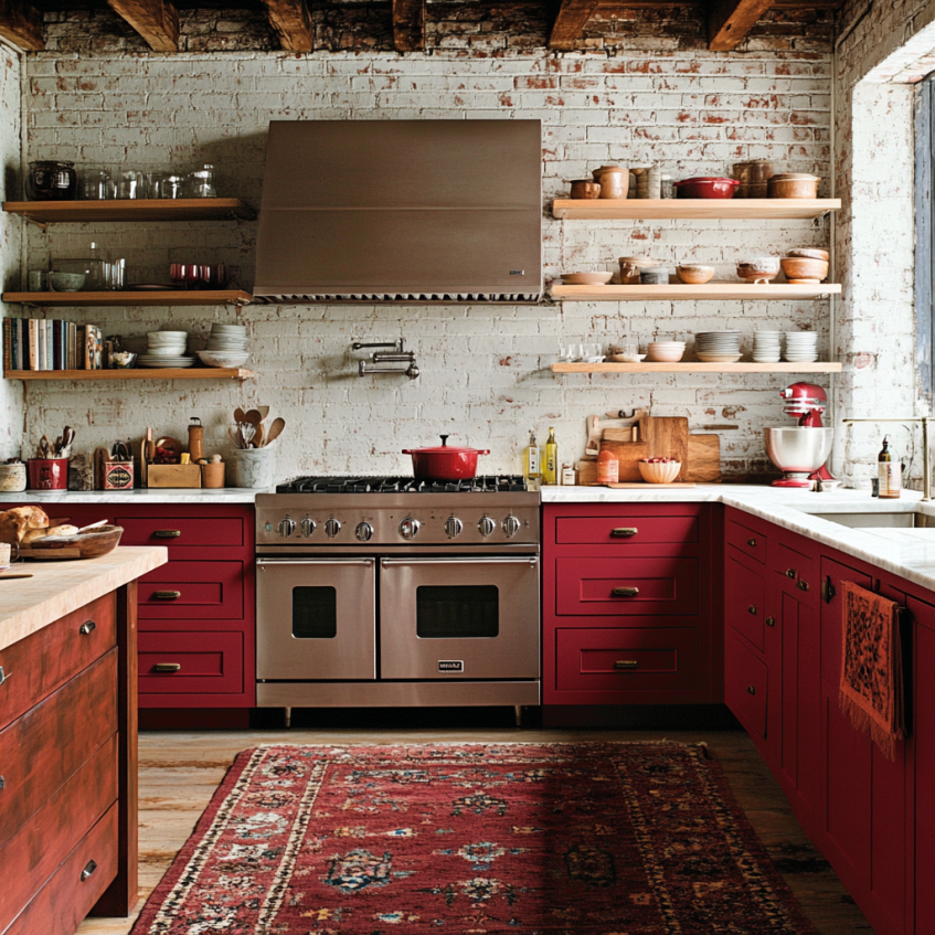 Rustic red kitchen cabinets paired with a brick backsplash and open wood shelves