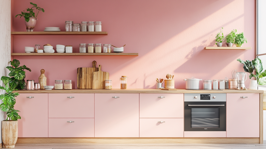 Pink lower cabinets with white upper cabinets and marble countertop
