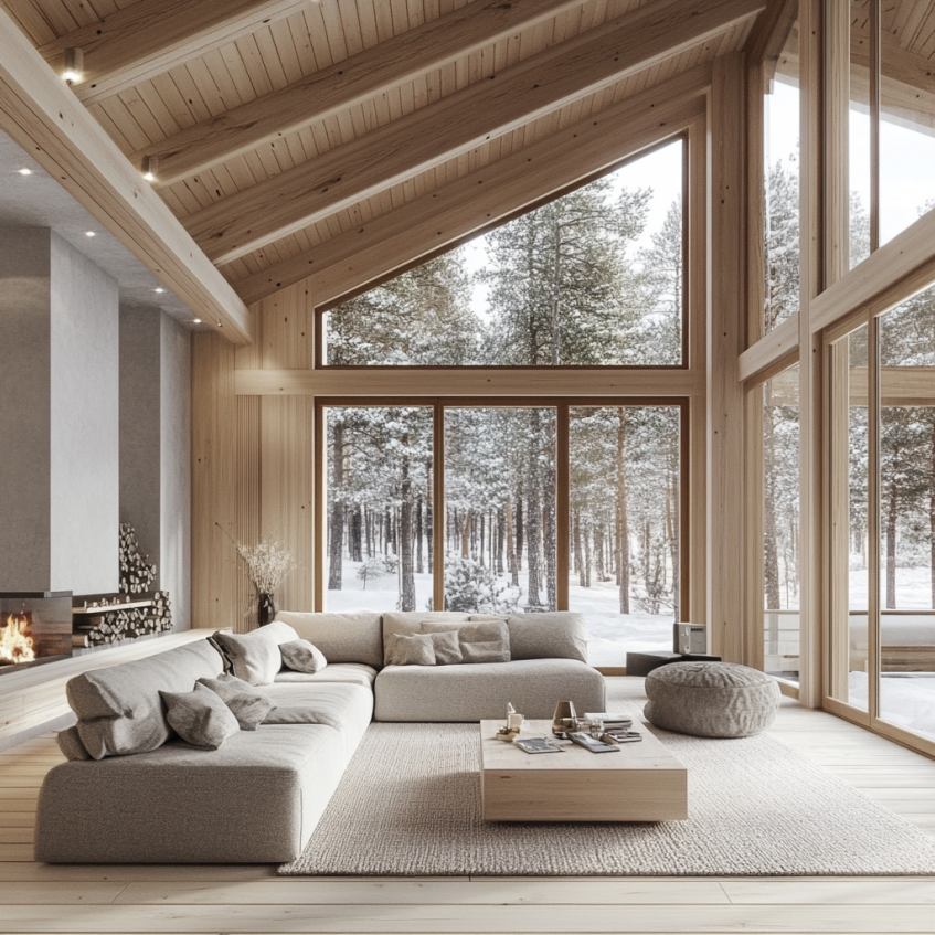 Scandinavian style villa living room with a spacious layout, featuring large windows that offer scenic views of snow-covered trees, wooden beams, and a cozy modern sofa.