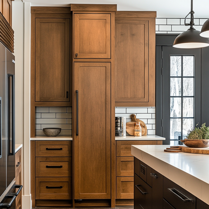 Built-in brown shaker kitchen cabinets with refrigerator and white subway tile
