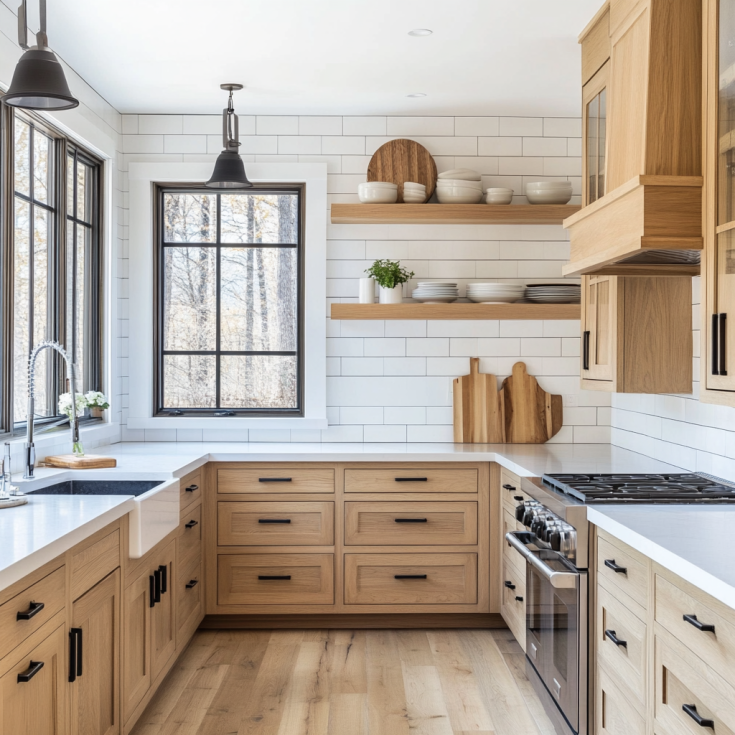 Warm shaker-style brown cabinets with subway tile backsplash and quartz countertops