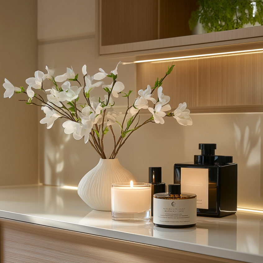 scented candle floral vase and black perfume bottles on vanity shelf