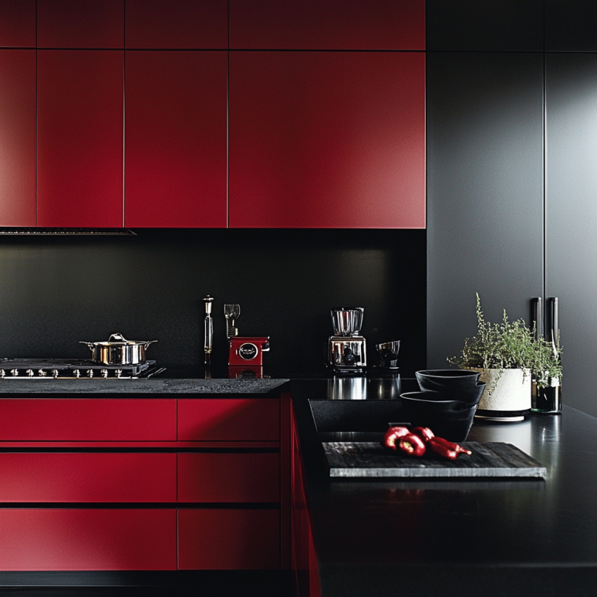 Modern matte red and black kitchen with built-in appliances