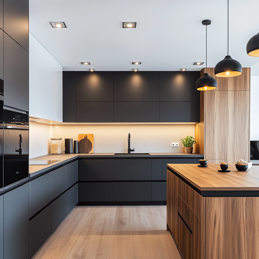 Modern kitchen featuring a black and wood two-tone design with sleek cabinetry and stylish pendant lighting over the kitchen island.