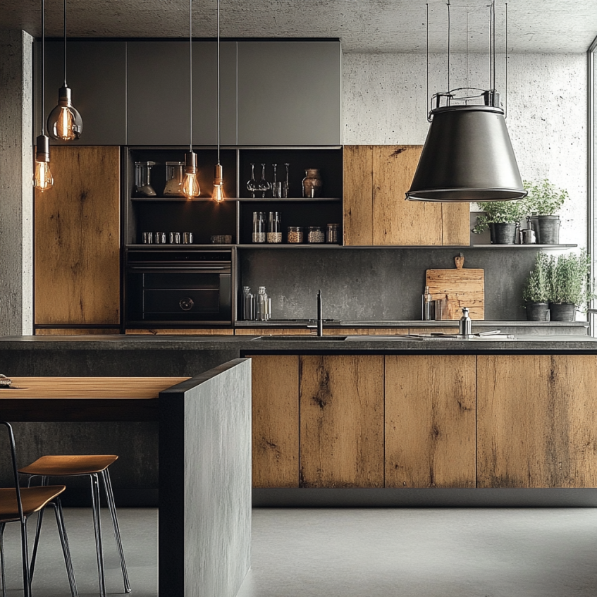 Industrial kitchen with a mix of wood and black cabinetry and modern lighting.