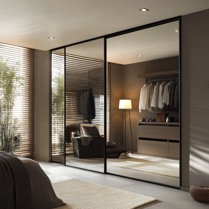 Modern bedroom closet with full-length sliding mirror doors