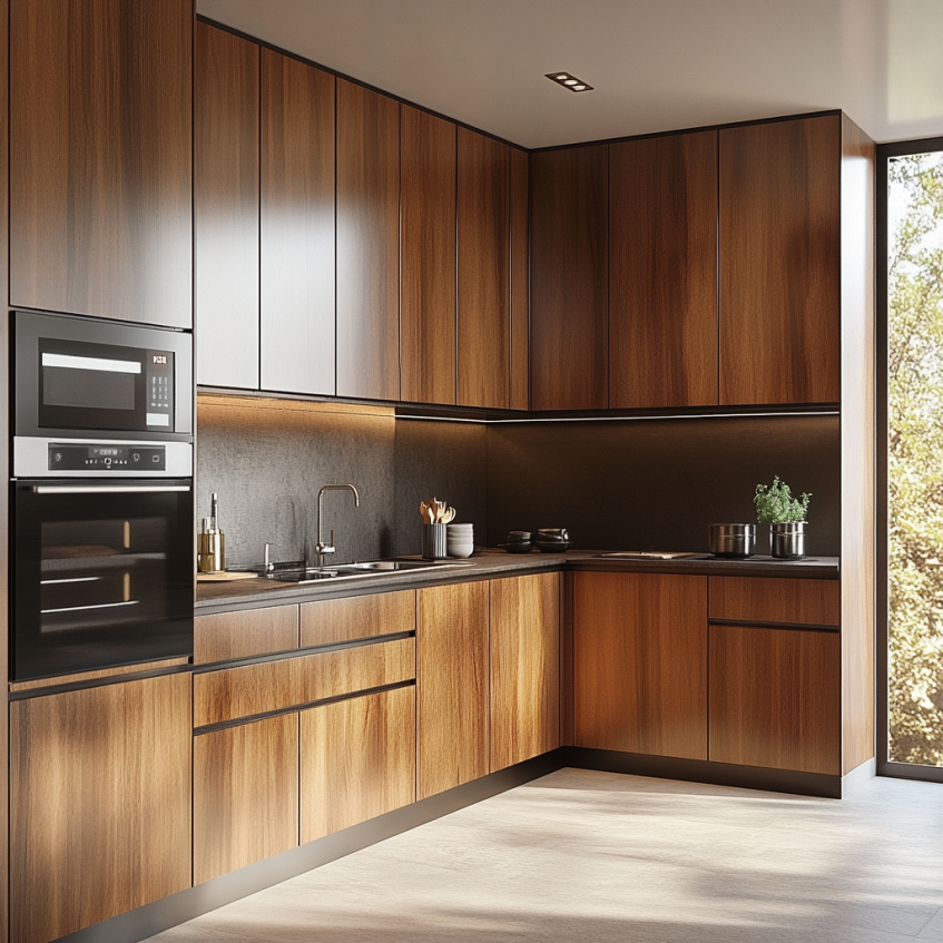 Modern kitchen featuring warm wood cabinets, sleek countertops, and stylish open shelving with ambient lighting.