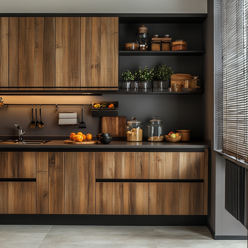 Modern rustic kitchen with wooden cabinetry, dark accents, and open shelving, featuring a sleek countertop and contemporary fixtures.