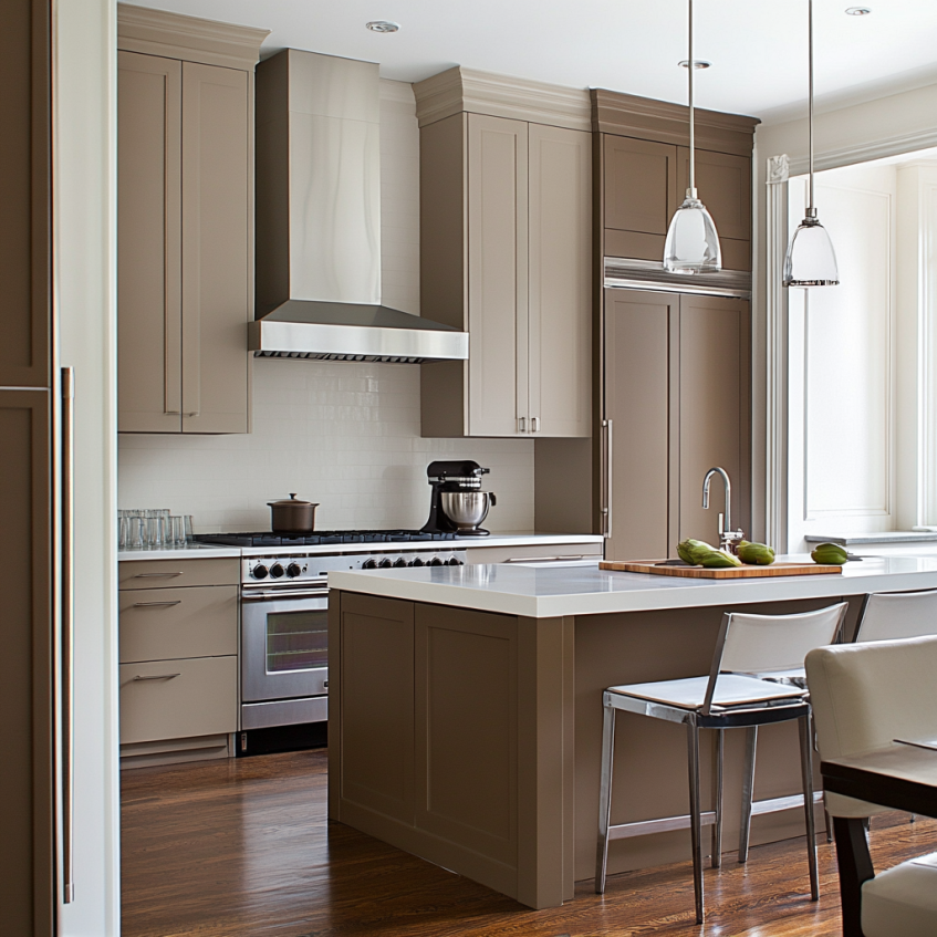 Modern taupe brown kitchen cabinets with matching island and stainless steel range hood
