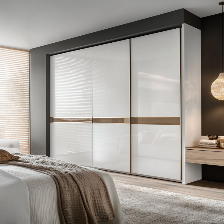 Glossy white sliding wardrobe with horizontal wooden accent panel in a minimalist bedroom.