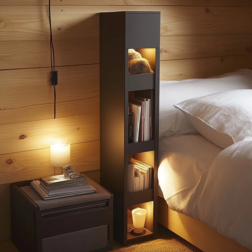 vertical bedside shelf with ambient lighting and books next to modern bed