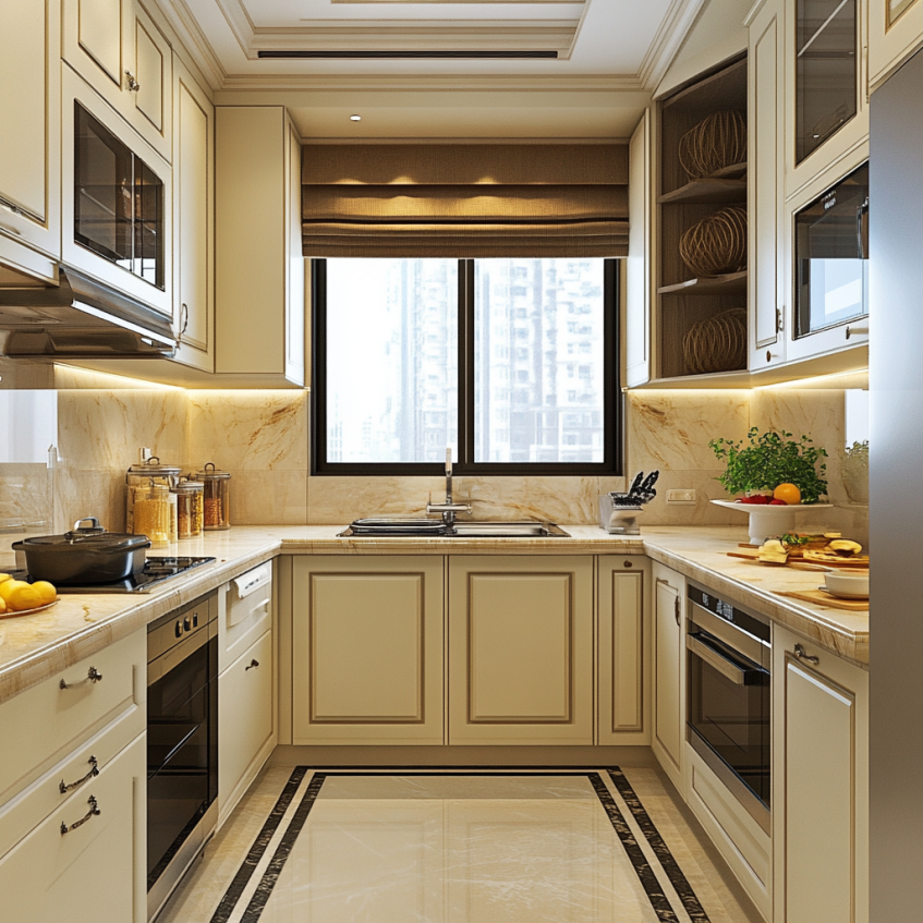 Elegant beige kitchen cabinets with a modern design for small spaces, featuring marble countertops and a bright kitchen window.