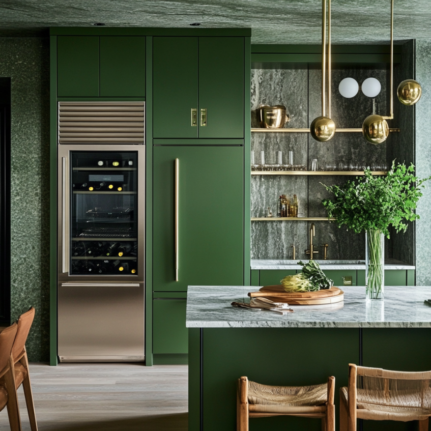 High-tech green kitchen with matte cabinets, built-in wine fridge, and marble counters under gold lighting