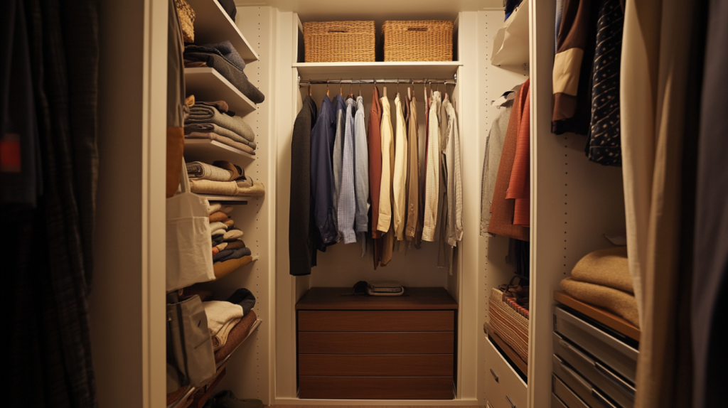 Small bedroom closet with folded clothes, hanging rack, and wicker baskets