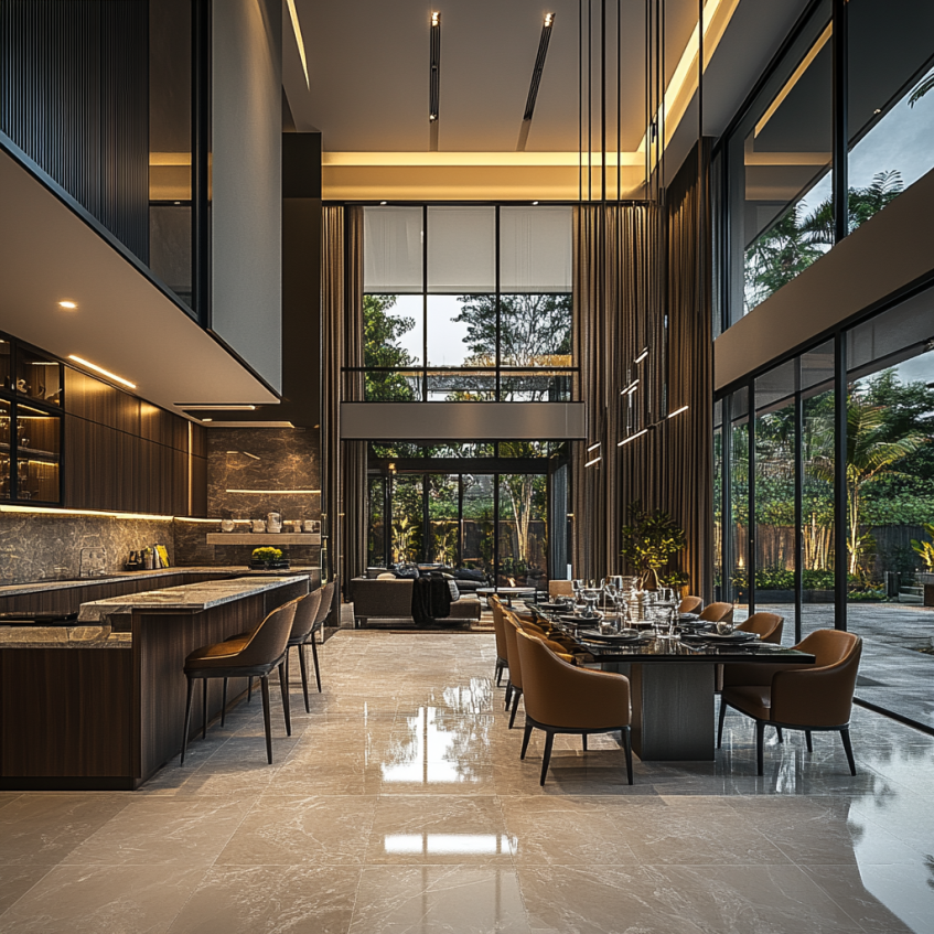 Modern villa with smart technology style, featuring a sleek kitchen, high-end appliances, and a spacious living area with large windows and modern furnishings.