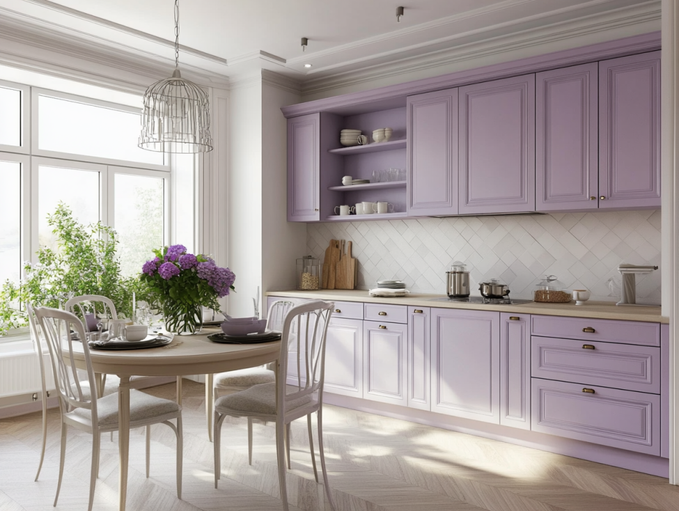 A cozy kitchen featuring soft lavender cabinets, white backsplash, and plenty of natural light.
