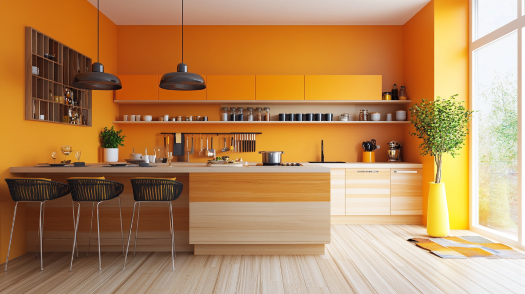 Bright kitchen with soft orange walls, light wood cabinets, and modern bar stools.