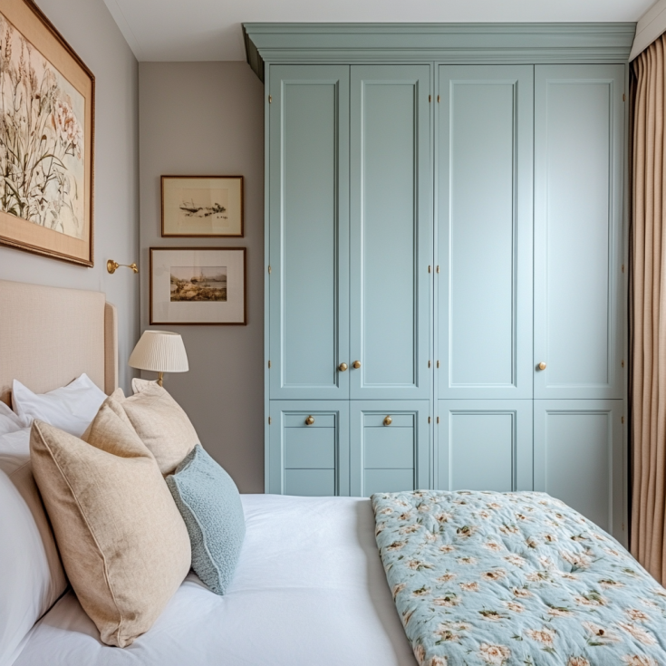 Floor-to-ceiling pastel blue wardrobe with brass knobs in a cozy bedroom.