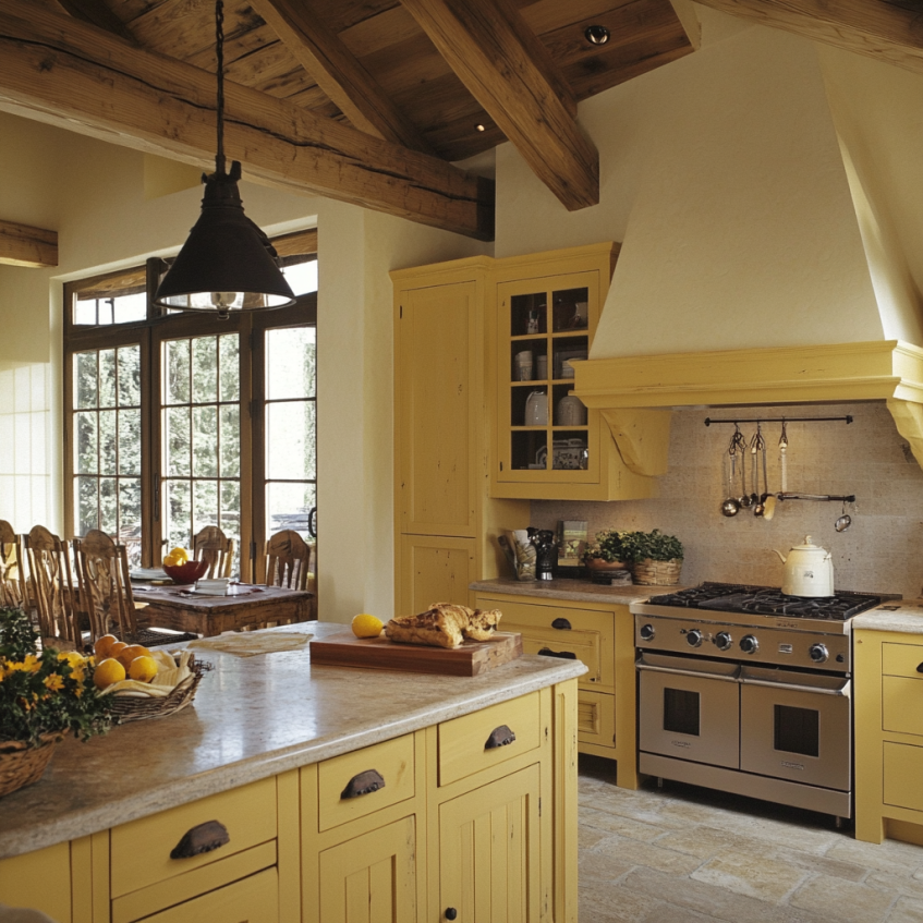 Soft yellow kitchen cabinets with rustic decor, creating a relaxed and inviting kitchen atmosphere.