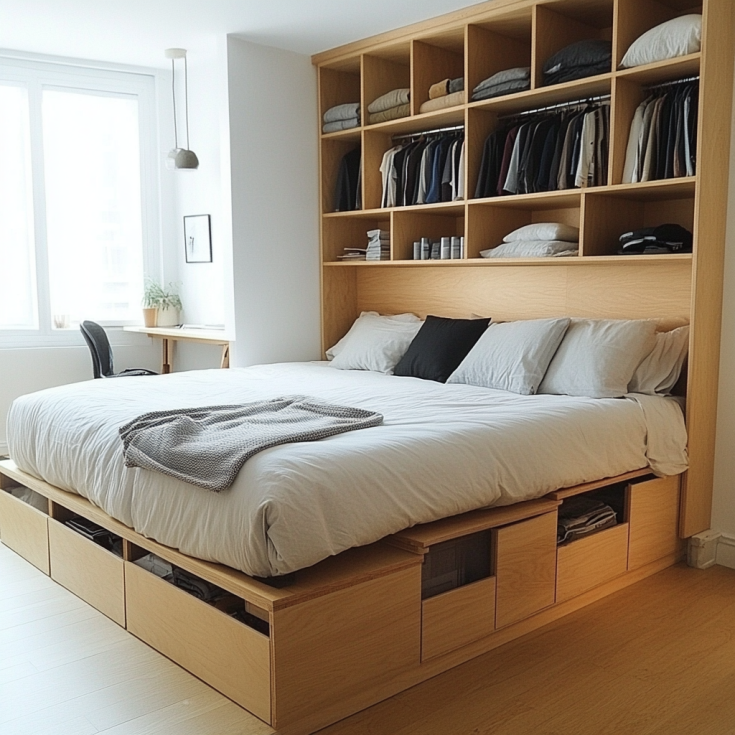 Bed with built-in headboard closet shelving and under-bed drawers