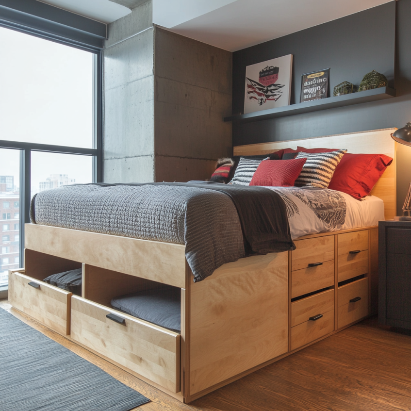 platform bed with built-in storage drawers and open compartments in modern apartment bedroom