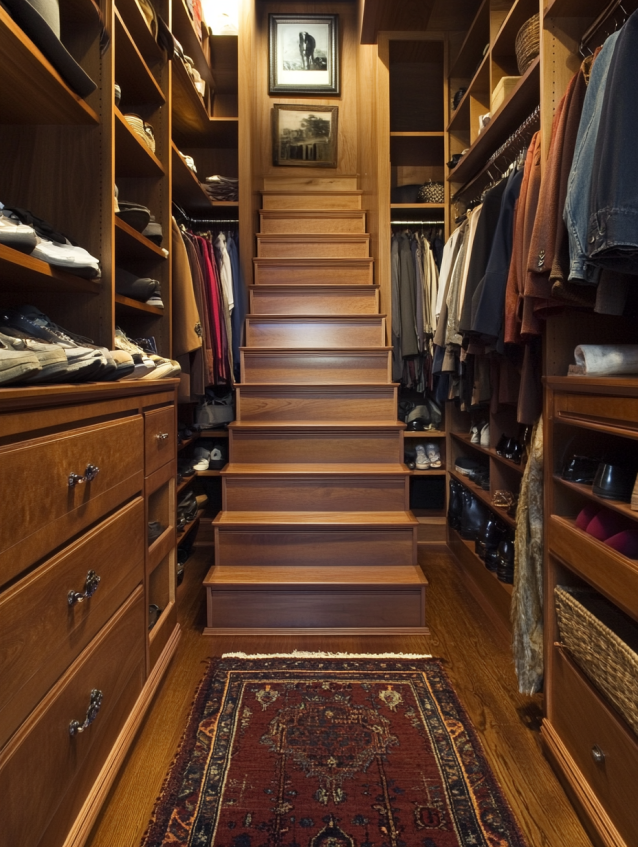 Walk-in closet with custom wooden shelving, a staircase, and neatly organized clothing and shoes.