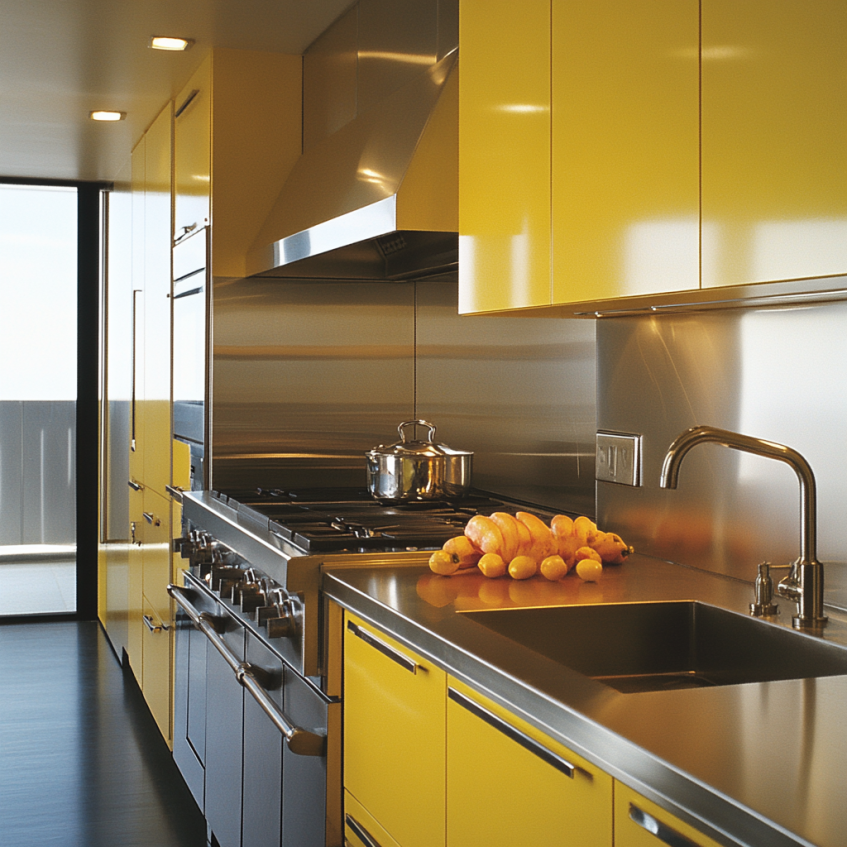 Stainless steel appliances contrast with bright yellow kitchen cabinets, creating a dynamic modern kitchen.