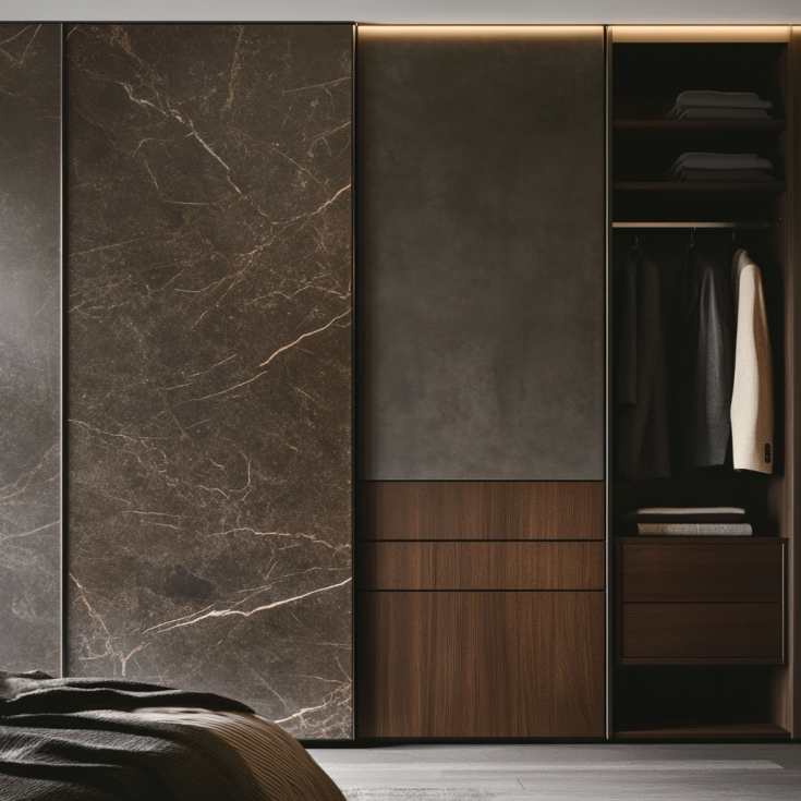 Closet with marble panels, wood accents, and matte finish doors
